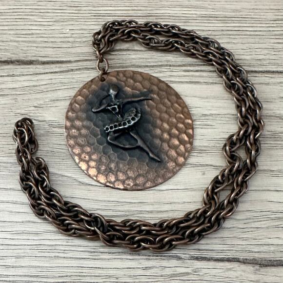 Mid Century Modern MCM Hammered Copper Ballet Dancer Medallion Pendant Necklace - Picture 1 of 6